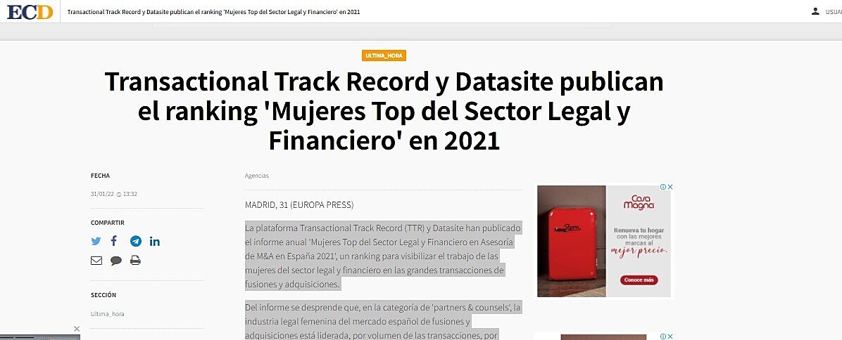 Transactional Track Record y Datasite publican el ranking 'Mujeres Top del Sector Legal y Financiero' en 2021